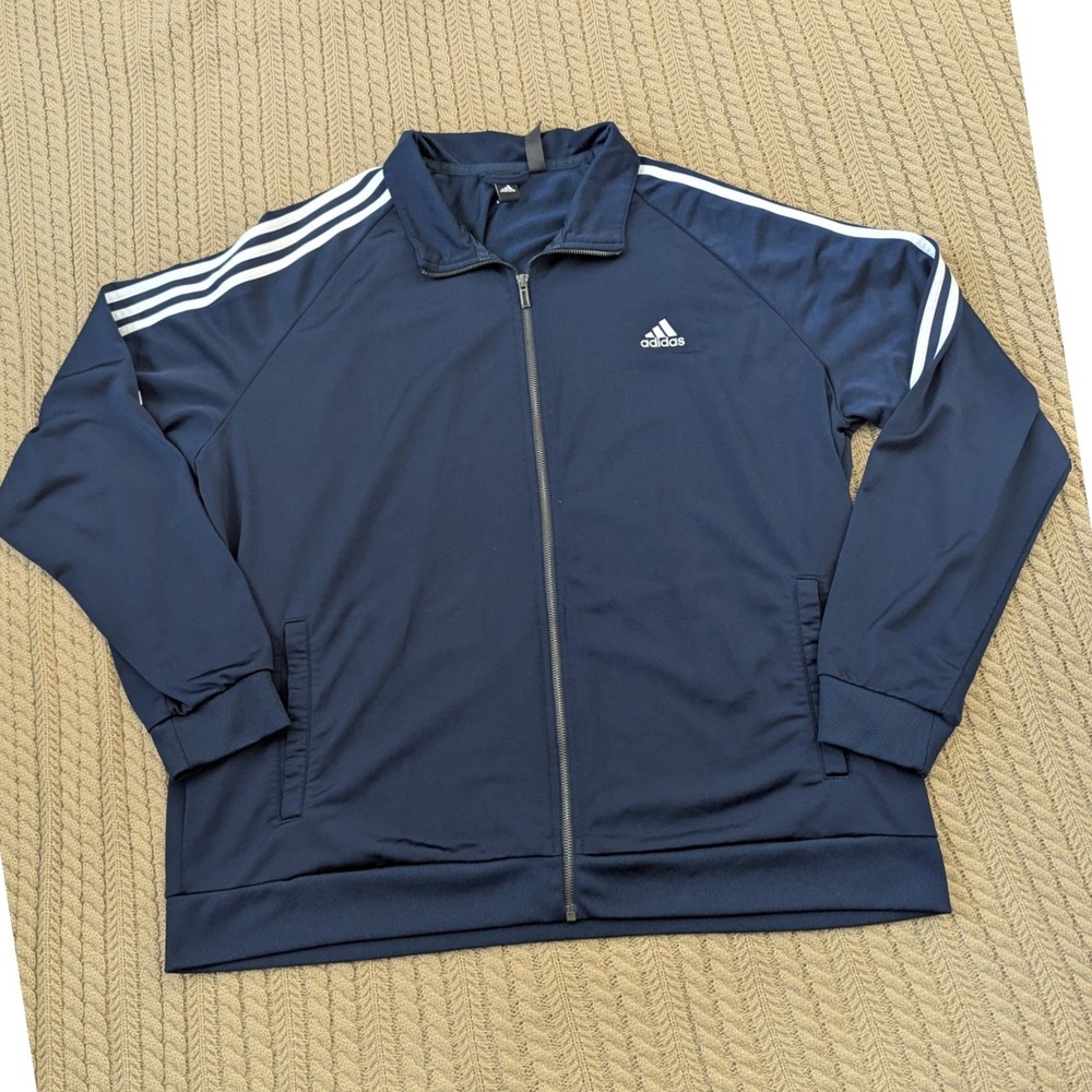 Adidas Mens Track Jacket Navy Blue White 3-Stripe Full Zip Size 2XL